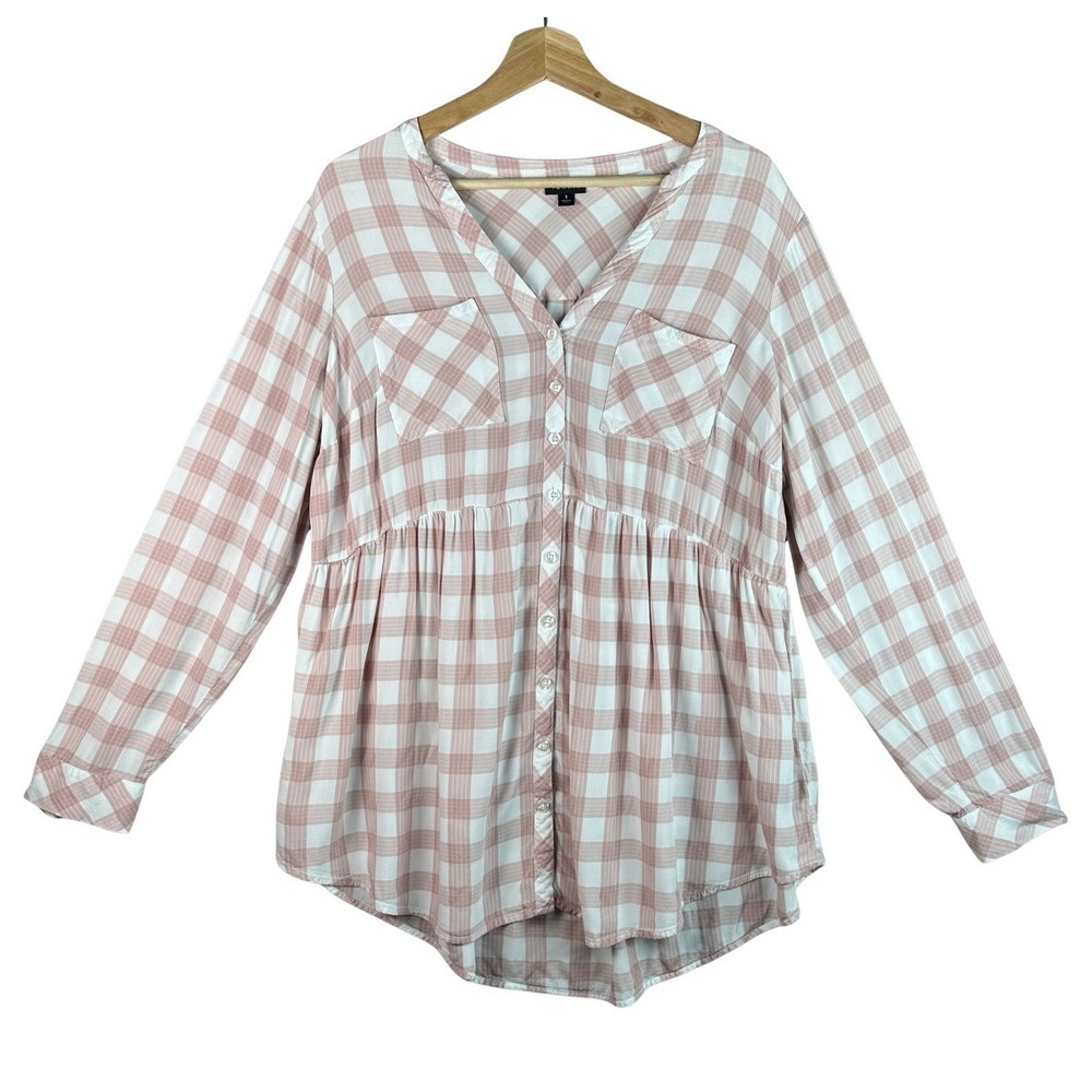 Torrid Babydoll Blouse Pink White Plaid V-Neck Plus Size 1 Lightweight - Picture 2 of 11